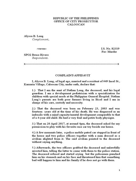 Lex et Aequitas: COMPLAINT AFFIDAVIT for Murder (Sample).